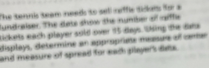 The tennis team needs to sell raffic tickels for a 
lundraiser. The date show the number of arffle 
tickets each player sold over 15 days. Wsing the dams 
displays, determine an appropriese measure of camer 
and measure of spread for each player's dete.