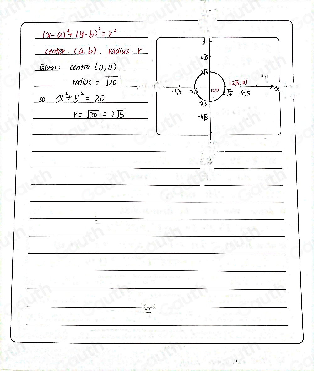 (x-a)^2+(y-b)^2=r^2
center : (a,b) radius : r
Given : center(0,0)
rcd_1 us =sqrt(20)
so x^2+y^2=20
r=sqrt(20)=2sqrt(5)