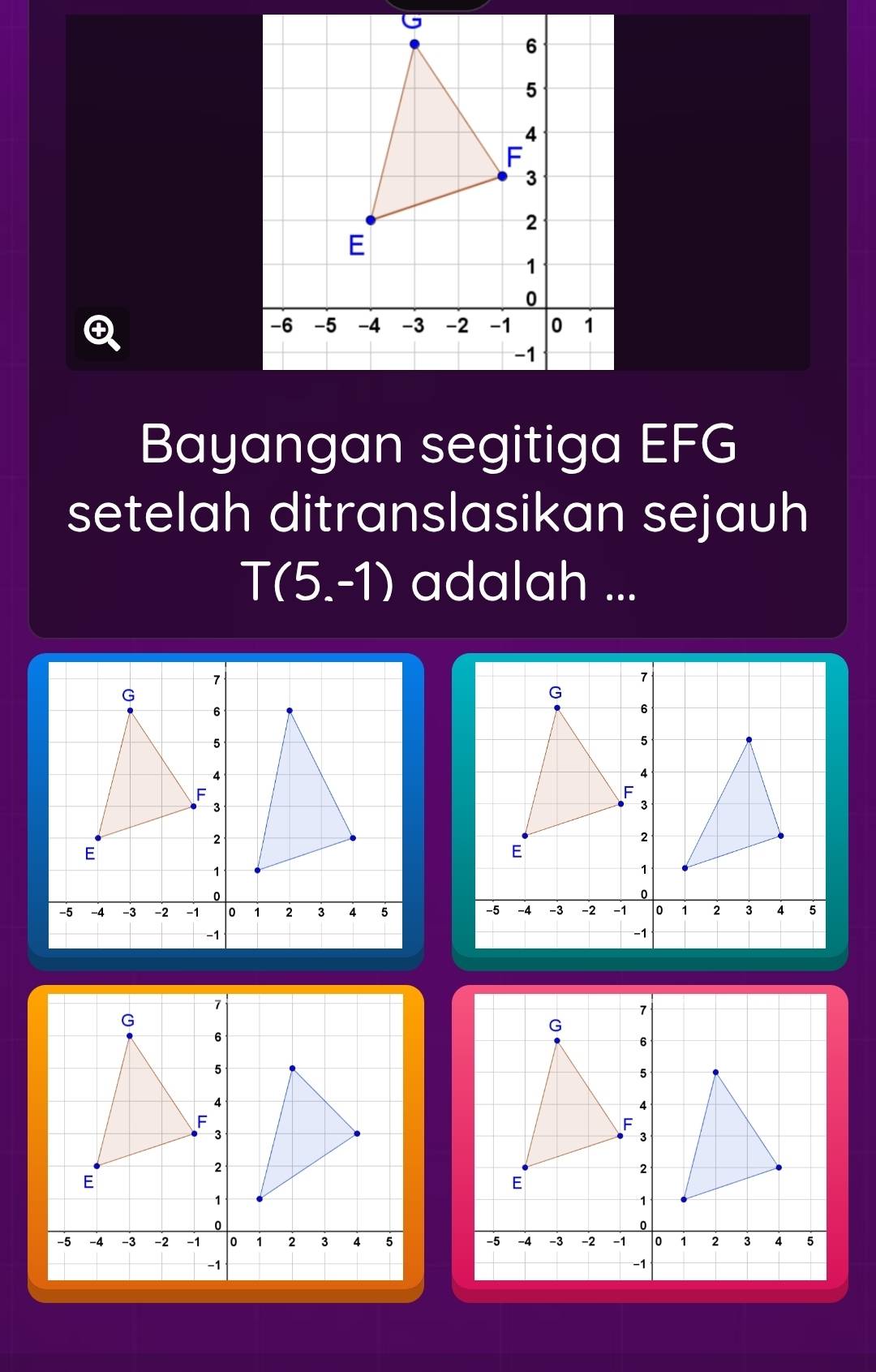 Bayangan segitiga EFG
setelah ditranslasikan sejauh
T(5,-1) adalah ...