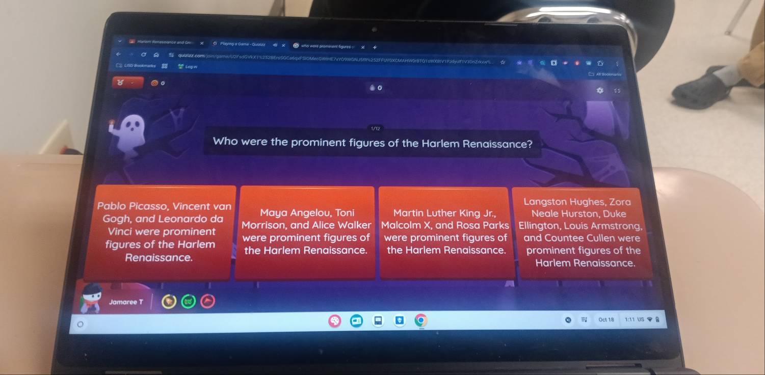 Playing a Game - Guizkzz 4 ● who were proment figured o s
OWGNUSM252FFUVOXCMAHWOBTOTSWX81V1
* Logi
é:
Who were the prominent figures of the Harlem Renaissance?
Langston Hughes, Zora
Pablo Picasso, Vincent van Maya Angelou, Toni Martin Luther King Jr., Neale Hurston, Duke
Gogh, and Leonardo da Morrison, and Alice Walker Malcolm X, and Rosa Parks Ellington, Louis Armstrong,
Vinci were prominent
figures of the Harlem were prominent figures of were prominent figures of and Countee Cullen were
the Harlem Renaissance. the Harlem Renaissance. prominent figures of the
Renaissance. Harlem Renaissance.
Jamaree T
Oct 18 s