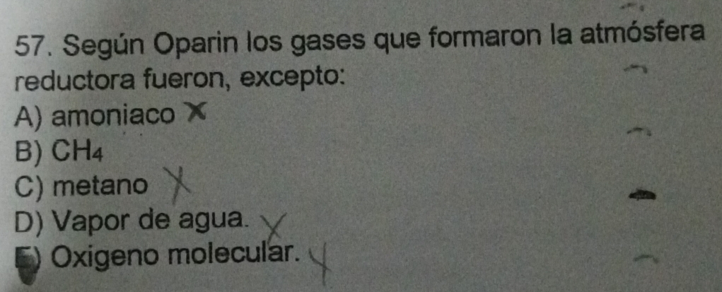 Según Oparin los gases que formaron la atmósfera
reductora fueron, excepto:
A) amoniaco
B) CH_4
C) metano
D) Vapor de agua.
E) Oxigeno molecular.