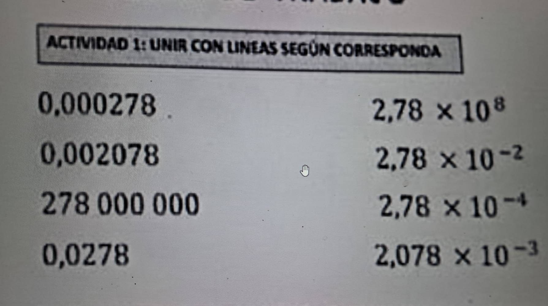 ACTIVIDAD 1: UNIR CON LINEAS SEGÚN CORRESPONDA
0.000278
2,78* 10^8
0,002078
2,78* 10^(-2)
278 000 000 2,78* 10^(-4)
0,0278 2,078* 10^(-3)