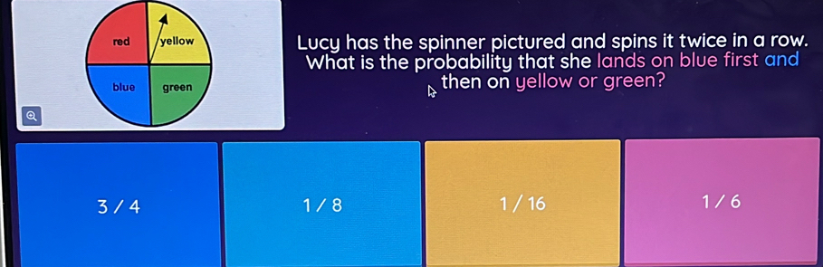 Lucy has the spinner pictured and spins it twice in a row.
What is the probability that she lands on blue first and
then on yellow or green?
Q
3 / 4 1 / 8 1 / 16 1 / 6