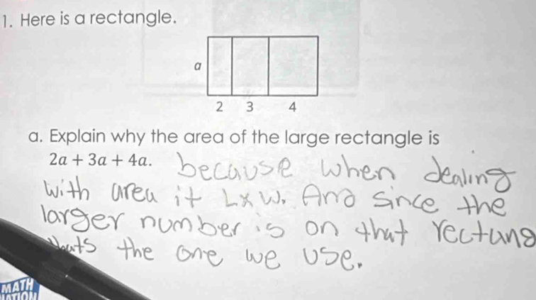 Here is a rectangle. 
a. Explain why the area of the large rectangle is
2a+3a+4a.