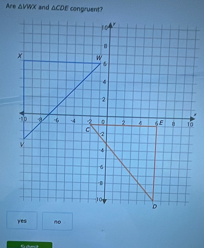 Are △ VWX and △ CDE congruent?
yes no
Submit