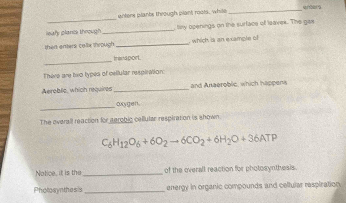 enters 
_ 
enters plants through plant roots, while 
leafy plants through _, tiny openings on the surface of leaves. The gas 
then enters cells through _, which is an example of 
_ 
transport. 
There are two types of cellular respiration: 
Aerobic, which requires_ and Anaerobic, which happens 
_oxygen. 
The overall reaction for aerobic cellular respiration is shown
C_6H_12O_6+6O_2to 6CO_2+6H_2O+36ATP
Notice, it is the _of the overall reaction for photosynthesis. 
Photosynthesis _energy in organic compounds and cellular respiration