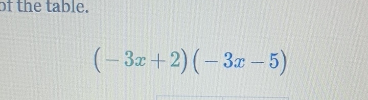 of the table.
(-3x+2)(-3x-5)