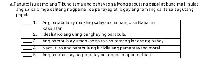 Panuto: Isulat mo ang T kung tama ang pahayag sa iyong sagutang papel at kung mali, isulat 
ang salita o mga salitang nagpamali sa pahayag at ibigay ang tamang salita sa sagutang 
papel.