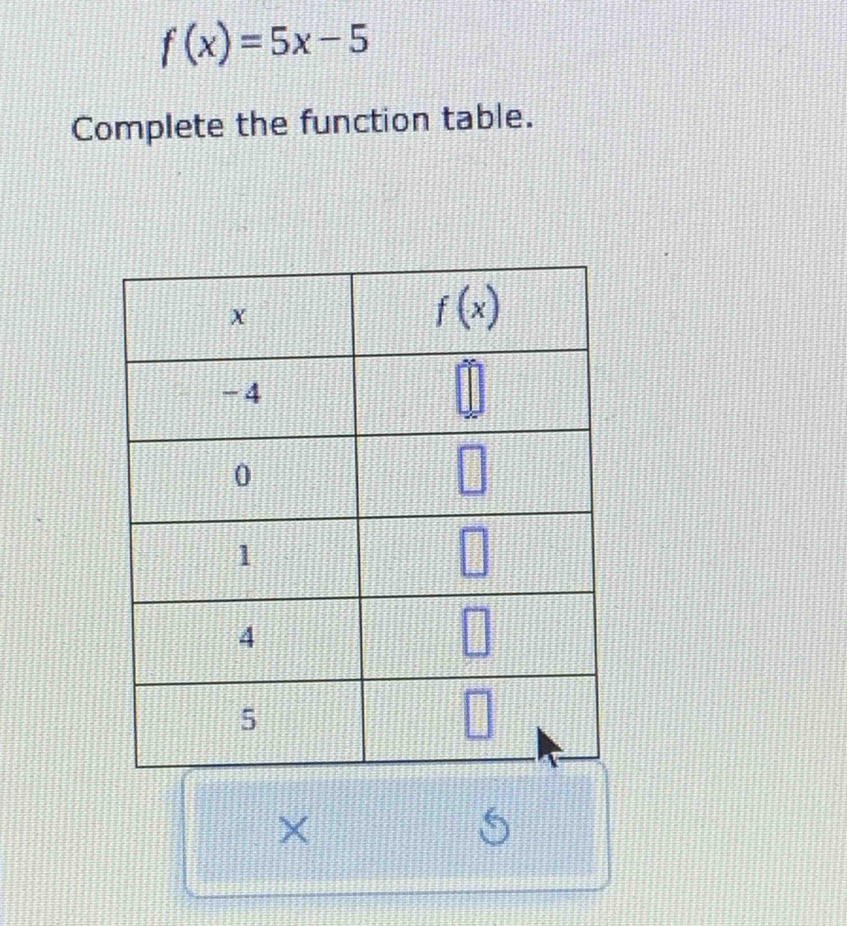 f(x)=5x-5
Complete the function table.
×