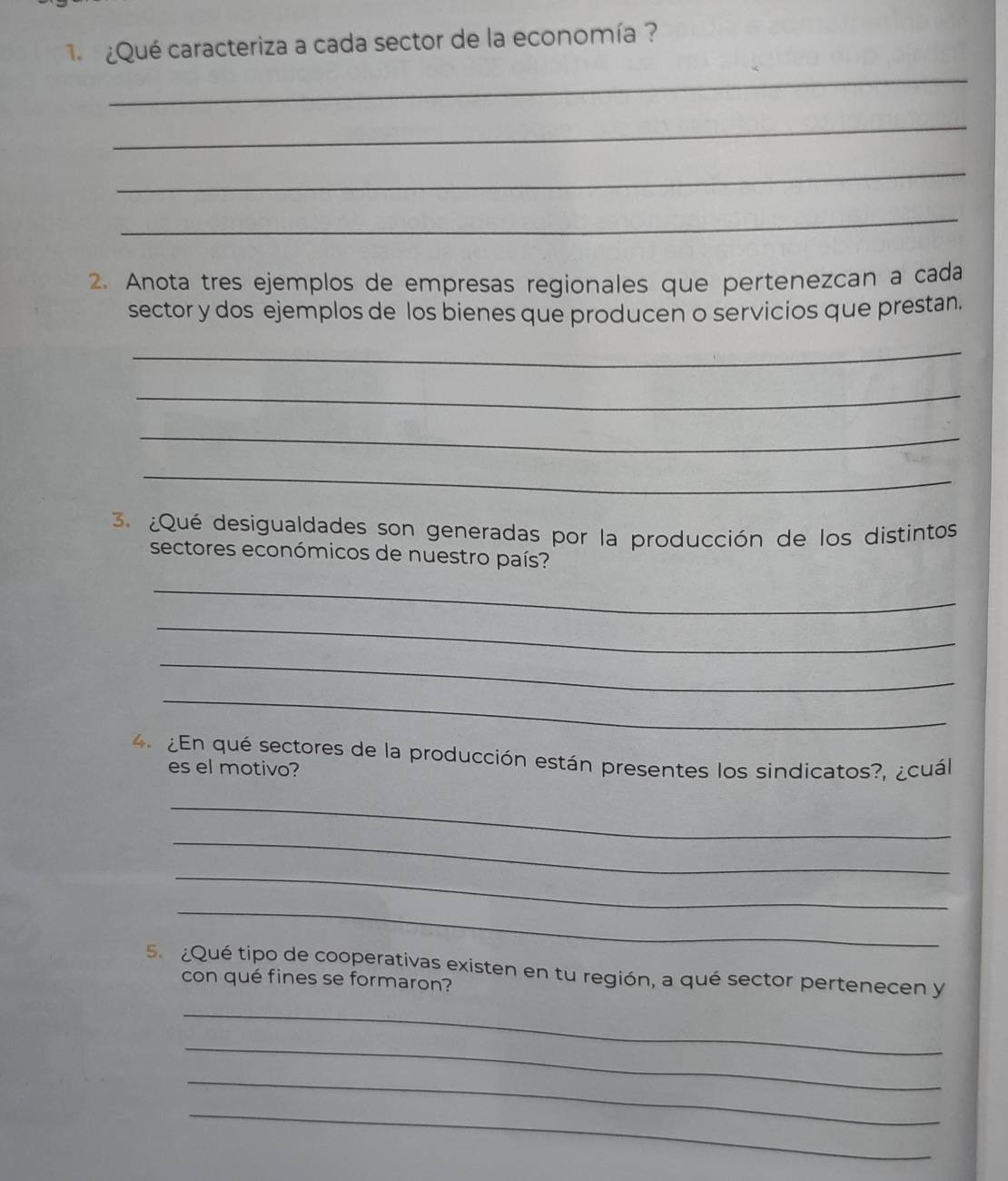 ¿Qué caracteriza a cada sector de la economía ? 
_ 
_ 
_ 
_ 
2. Anota tres ejemplos de empresas regionales que pertenezcan a cada 
sector y dos ejemplos de los bienes que producen o servicios que prestan. 
_ 
_ 
_ 
_ 
3. ¿Qué desigualdades son generadas por la producción de los distintos 
sectores económicos de nuestro país? 
_ 
_ 
_ 
_ 
4 ¿En qué sectores de la producción están presentes los sindicatos?, ¿cuál 
es el motivo? 
_ 
_ 
_ 
_ 
5 ¿Qué tipo de cooperativas existen en tu región, a qué sector pertenecen y 
con qué fines se formaron? 
_ 
_ 
_ 
_