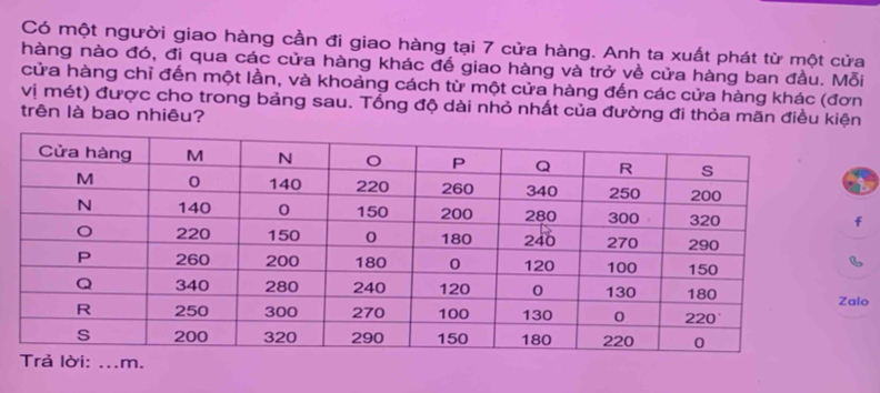 Có một người giao hàng cần đi giao hàng tại 7 cửa hàng. Anh ta xuất phát từ một cửa 
hàng nào đó, đi qua các cửa hàng khác đế giao hàng và trở về cửa hàng ban đầu. Mỗi 
cửa hàng chỉ đến một lần, và khoảng cách từ một cửa hàng đến các cửa hàng khác (đơn 
vị mét) được cho trong bảng sau. Tổng độ dài nhỏ nhất của đường đi thỏa mãn điều kiện 
trên là bao nhiêu?
f
B
lo 
... m.