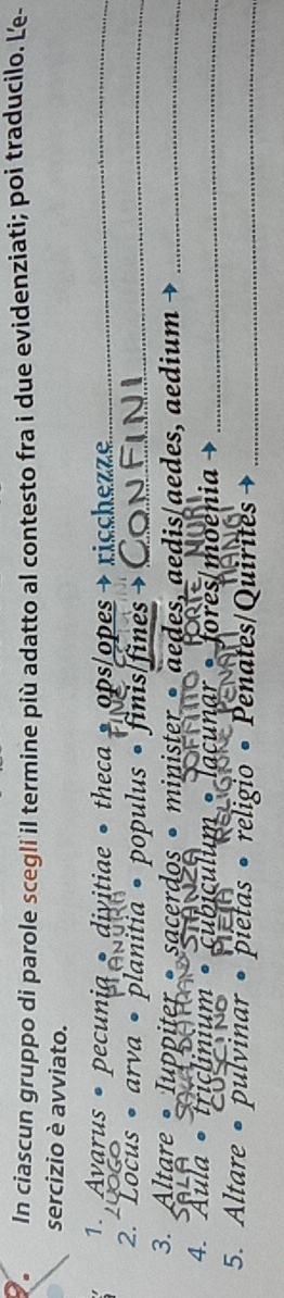 In ciascun gruppo di parole scegli il termine più adatto al contesto fra i due evidenziati; poi traducilo. Le- 
sercizio è avviato. 
1. Avarus • pecunia • divitiae • theca » ops/opes + ricchezze_ 
2.* Locus • arva • planitia • populus • finis/fines »_ 
3. Altare •Iuppiter •sacerdos • minister • aedes, aedis/aedes, aedium →_ 
4. Aula • triclinium • cubiculum • lacunar •fores/moenia →_ 
5. Altare • pulvinar • pietas • religio • Penates/Quirites_