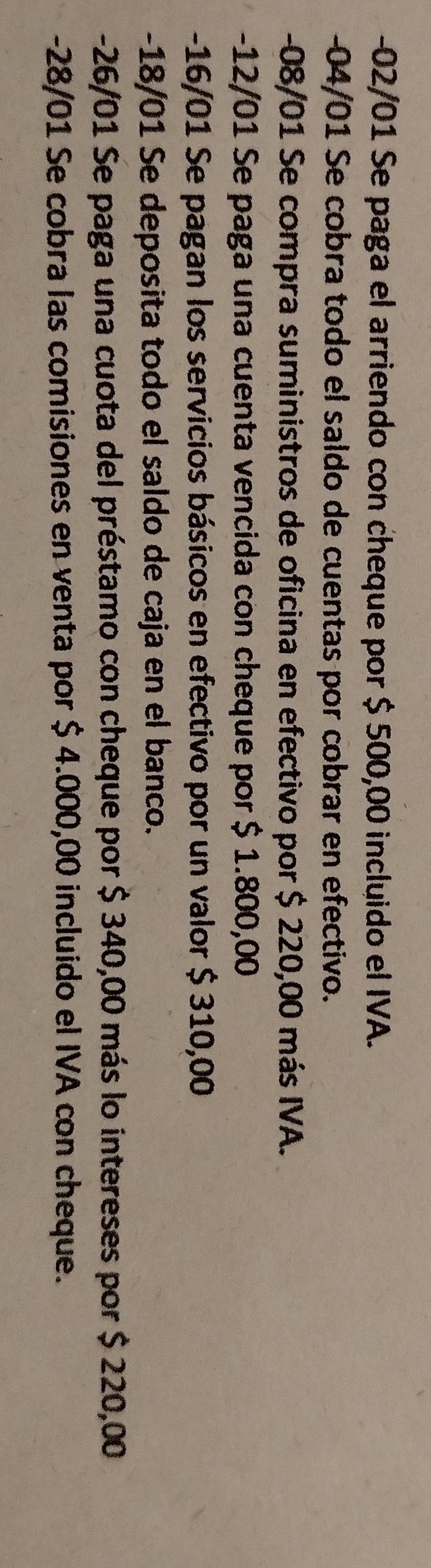 -02/01 Se paga el arriendo con cheque por $ 500,00 incluido el IVA.
-04/01 Se cobra todo el saldo de cuentas por cobrar en efectivo.
-08/01 Se compra suministros de oficina en efectivo por $ 220,00 más IVA.
-12/01 Se paga una cuenta vencida con cheque por $ 1.800,00
-16/01 Se pagan los servicios básicos en efectivo por un valor $ 310,00
-18/01 Se deposita todo el saldo de caja en el banco.
-26/01 Se paga una cuota del préstamo con cheque por $ 340,00 más lo intereses por $ 220,00
-28/01 Se cobra las comisiones en venta por $ 4.000,00 incluido el IVA con cheque.