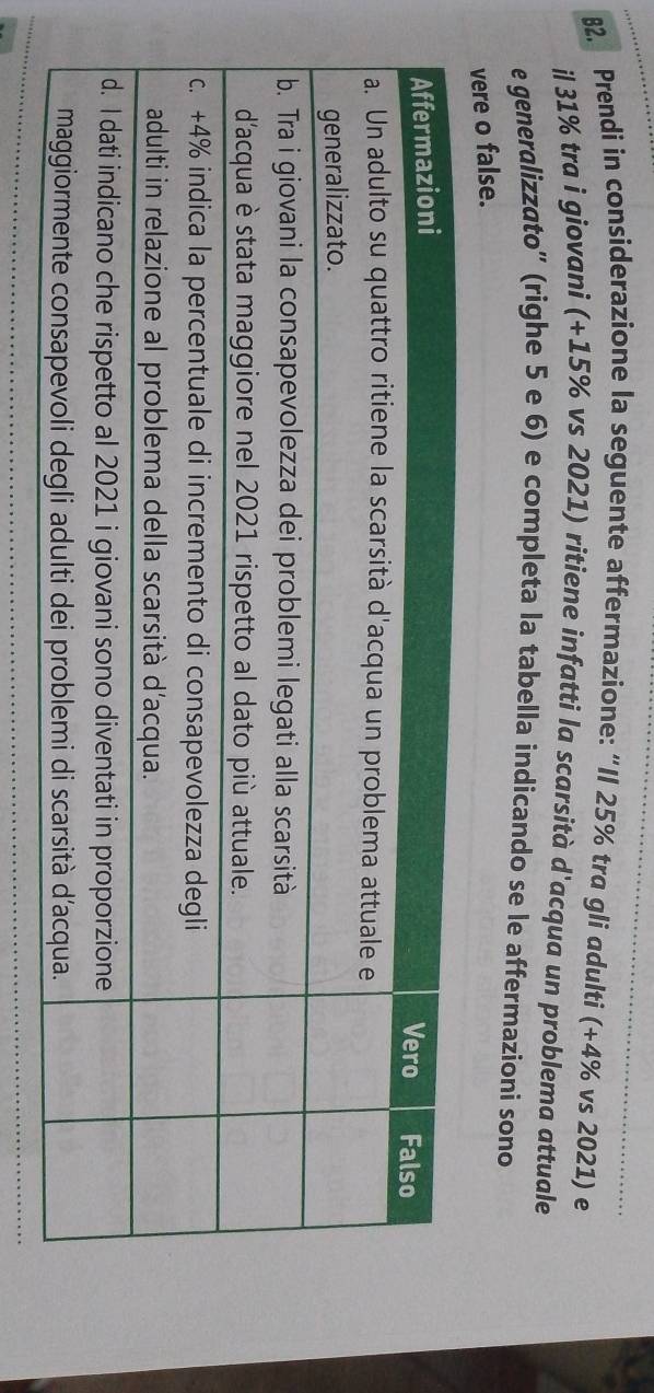 Prendi in considerazione la seguente affermazione: “Il 25% tra gli adulti (+4% vs 2021) e 
il 31% tra i giovani (+15% vs 2021) ritiene infatti la scarsità d'acqua un problema attuale 
e generalizzato'' (righe 5 e 6) e completa la tabella indicando se le affermazioni sono 
vere o false.