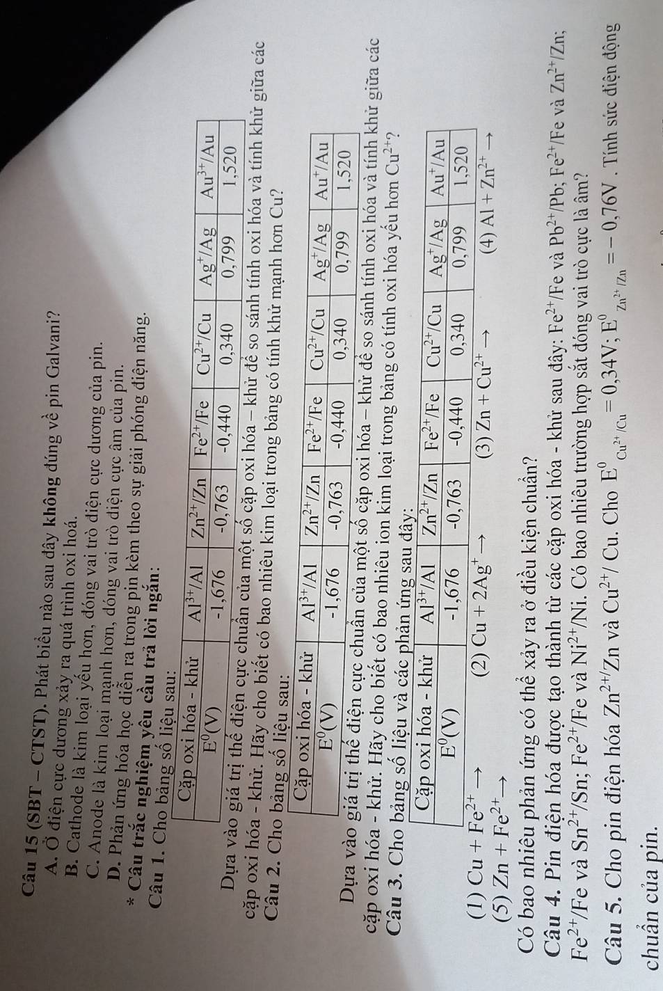 (SBT - CTST). Phát biểu nào sau đây không đúng về pin Galvani?
A. Ở điện cực dương xảy ra quá trình oxi hoá.
B. Cathode là kim loại yếu hơn, đóng vai trò điện cực dương của pin.
C. Anode là kim loại mạnh hơn, dóng vai trò diện cực âm của pin.
D. Phản ứng hóa học diễn ra trong pin kèm theo sự giải phóng điện năng.
* Câu trắc nghiệm yêu cầu trả lời ngắn:
Câu 1. Cho bảng số l
Dặp oxi hóa - khử để so sánh tính oxi hóa và tính khử giữa các
cặp oxi hóa - khử. Hãy cho biết có bao nhiêu kim loại trong bảng có tính khử mạnh hơn Cu?
Câu 2. Cho bảng số liệu sau:
Dự cặp oxi hóa - khử để so sánh tính oxi hóa và tính khử giữa các
cặp oxi hóa - khử. Hãy cho biết có bao nhiêu ion kim loại trong bảng có tính oxi hóa yếu hơn Cu^(2+) ?
Câu 3. Cho bảng số liệu và các phản ứng sau đây
(1) (2) Cu+2Ag^+ (3)
(5) Zn+Fe^(2+) Zn+Cu^(2+)to
(4) AI+Zn^(2+)
Có bao nhiêu phản ứng có thể xảy ra ở điều kiện chuẩn?
Câu 4. Pin điện hóa được tạo thành từ các cặp oxi hóa - khử sau đây: Fe^(2+)/Fe và Pb^(2+)/Pb;Fe^(2+)/Fe và Zn^(2+)/Zn;
Fe^(2+)/F e và Sn^(2+)/Sn;Fe^(2+) /Fe và Ni^(2+)/Ni 1. Có bao nhiêu trường hợp sắt đóng vai trò cực là âm?
Câu 5. Cho pin điện hóa Zn^(2+/)Zn và Cu^(2+)/Cu. Cho E°_Cu^(2+)/Cu^circ =0,34V;E°_Zn^(2+)/Zn^circ =-0,76V Tính sức điện động
chuẩn của pin.