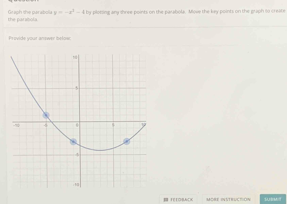 Graph the parabola y=-x^2-4 by plotting any three points on the parabola. Move the key points on the graph to create 
the parabola. 
Provide your answer below: 
FEEDBACK MORE INSTRUCTION SUBMIT