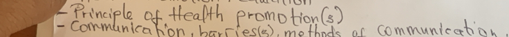 Principle of Health promotion() 
- Communication, barries(s), methods of communication