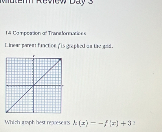 Mulem Review Day 3 
T4 Compostion of Transformations 
Linear parent function fis graphed on the grid. 
Which graph best represents h(x)=-f(x)+3 ?