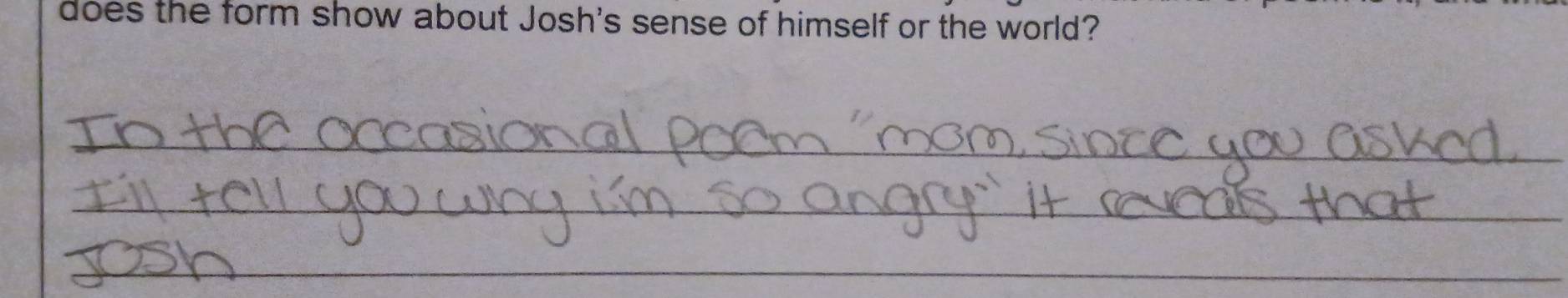 does the form show about Josh's sense of himself or the world? 
_ 
_ 
_