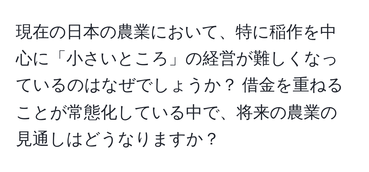 現在の日本の農業において、特に稲作を中心に「小さいところ」の経営が難しくなっているのはなぜでしょうか？ 借金を重ねることが常態化している中で、将来の農業の見通しはどうなりますか？