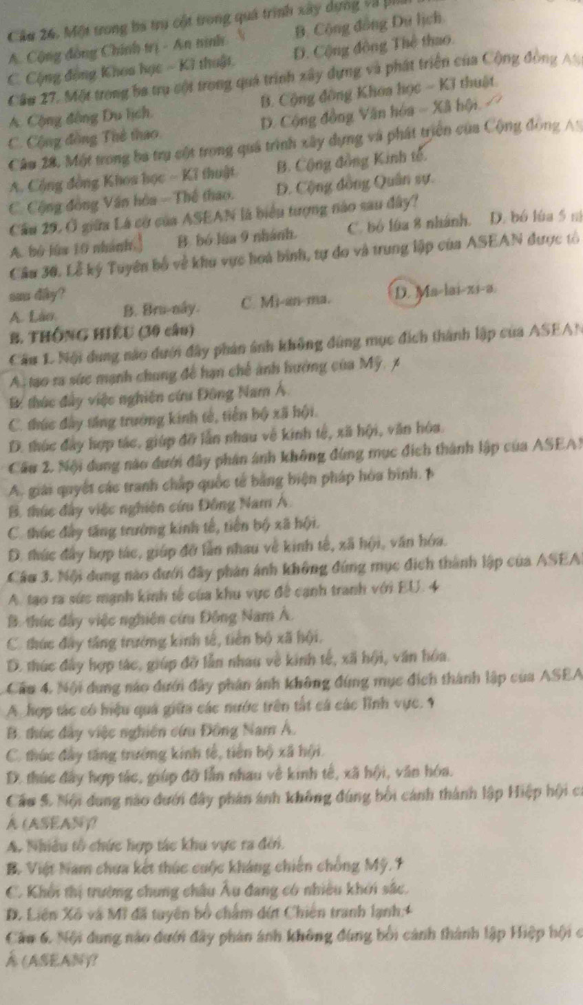 Cầu 26. Một trong ba tru cột trong quá trình xây dựng và phả
A. Cộng đồng Chính trị - An ninh N B. Cộng đồng Du lịch
C. Cộng động Khoa học - K1 thuật D. Cộng đồng Thể thao.
Cầu 27. Một trong ba trụ cội trong quá trình xây dựng và phát triển của Cộng động AS
A. Cộng động Du lịch. B. Cộng đồng Khoa học - KI thuật.
C. Cộng đồng Thế thao. D. Cộng đồng Văn hóa = Xã hội.
Câu 28, Một trong ba trụ cột trong quả trình xây dựng và phát triển của Cộng đồng A:
A. Cộng đồng Khoa học - Kỉ thuật B. Cộng đồng Kinh tế.
C. Cộng đồng Văn hòa - Thế thao. D. Cộng đồng Quân sự.
Cầu 29, Ở giữa Là cờ của ASEAN là biểu tượng nào sau đây?
A. bộ lúa 10 nhánh.] B. bó lúa 9 nhánh. C. bó lùa 8 nhánh. D. bó lùa 5 nị
Cầu 30. Lễ ký Tuyên bố về khu vực hoa bình, tự đo và trung lập của ASEAN được tô
sau dây?
A. Lão. B. Bru-nây. C. Mi-an-ma. D. Ma-lai-zi-a.
B. THÔNG HIệU (30 câu)
Cầu 1 Nội dung nào dưới đây phản ảnh không đùng mục đích thành lập của ASEAN
A. tạo ra sức mạnh chung để hạn chế ảnh hướng của Mỹ
B thức đây việc nghiên cứu Đông Nam Á.
C. thức đây tăng trưởng kinh tế, tiến bộ xã hội.
D. thúc đây hợp tác, giúp đỡ lần nhau về kinh tế, xã hội, văn hóa.
Cầu 2. Nội dung nào đưới đây phân ảnh không đùng mục địch thành lập của ASEA!
A. giải quyết các tranh chấp quốc tế bằng biện pháp hóa bình, p
B. thức đây việc nghiên cứu Đồng Nam Á.
C. thức đây tăng trưởng kinh tế, tiến bộ xã hội.
D. thức đây hợp tác, giúp đỡ lần nhau về kinh tế, xã hội, văn hóa.
Cầu 3. Nội dung nào dưới đây phản ảnh không đứng mục địch thành lập của ASEA
A. tạo ra sức mạnh kinh tế của khu vực đề cạnh tranh với EU. 4
B. thức đây việc nghiên cứu Đông Nam Á.
C. thức đây tăng trưởng kinh tế, tiên bộ xã hội.
D. thúc đây hợp tác, giúp đỡ lần nhau về kinh tế, xã hội, văn hóa.
Cầu 4, Nội dung nào đưới đây phân ảnh không đùng mục địch thành lập của ASEA
A. hợp tác có hiệu quá giữa các nước trên tất cá các lĩnh vực 1
B. thúc đây việc nghiên cứu Đồng Nam A.
C. thức đây tăng trưởng kinh tế, tiên bộ xã hội.
D. thúc đây hợp tác, giúp đỡ lần nhau về kinh tế, xã hội, văn hóa.
Cầu S. Nội dung nao dưới đây phân ánh không đúng bối cánh thành lập Hiệp hội có
A (ASEAN 
A. Nhiều tổ chức hợp tác khu vực ra đời.
B. Việt Nam chưa kết thúc cuộc kháng chiến chống Mỹ.9
C. Khổi thị trường chung châu Âu đang có nhiều khởi sắc.
D. Liên Xô và Mĩ đã tuyên bố chẩm đứt Chiến tranh lạnh:4
Cầu 6. Nội dung nào đưới đây phản ảnh không đùng bởi cảnh thành lập Hiệp hội c
À (ASEAN))