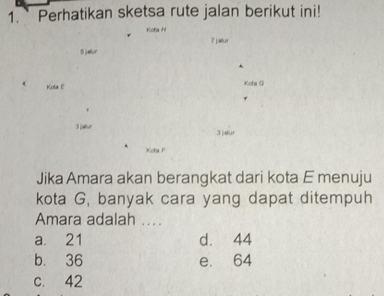 Perhatikan sketsa rute jalan berikut ini!
Kota H
7 jalur
5 jalur
Kota E Kota G
3 jalur
3 jalur
Kota F
Jika Amara akan berangkat dari kota E menuju
kota G, banyak cara yang dapat ditempuh
Amara adalah ...
a. 21 d. 44
b. 36 e. 64
c. 42