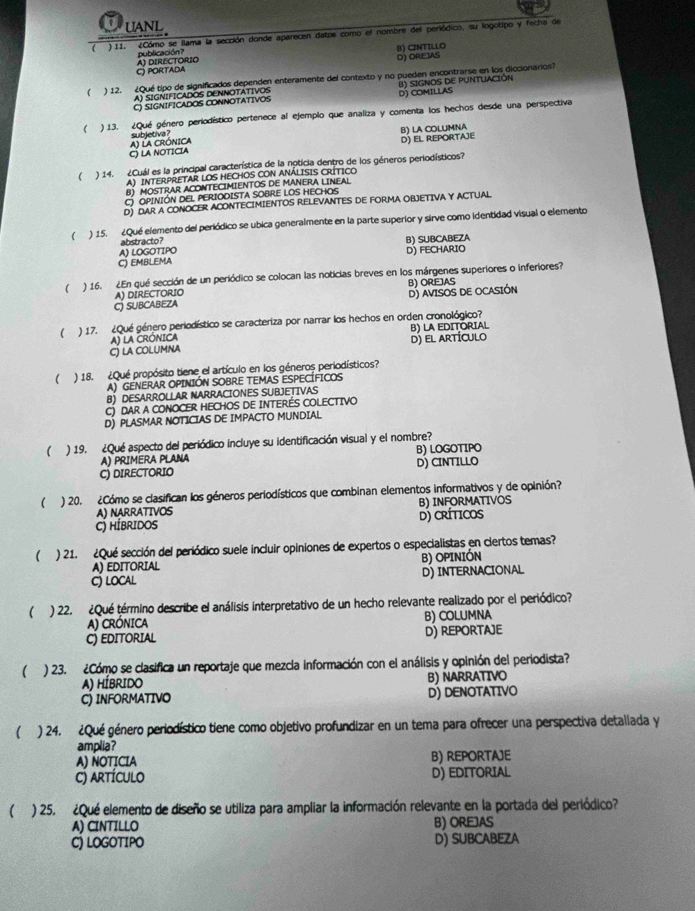 a UANL
) 11. ¿Cómo se llama la sección donde aparecen datos como el nombre del periódico, su logotipo y fecha de
A) DIRECTORIO publicación? B) CINTILLO
Cj PORTaDA D) OREIAS
 ) 12. ¿Qué tipo de significados dependen enteramente del contexto y no pueden encontrarse en los diccionarios?
C) SIGNIFICADOS CONNOTATIVOS DJ COMILLAS B) SIGNOS DE PUNTUACIÓN
A) SIGNIFICADOS DENNOTÁTIVOS
 ) 13. ¿Qué género periodístico pertenece al ejemplo que analiza y comenta los hechos desde una perspectiva
D) EL REPORTAJE
C) LA NOTICIA A) LA CRÓNICA subjetiva? B) LA COLUMNA
 ) 14. ¿Cuál es la principal característica de la noticia dentro de los géneros periodísticos?
A) INTERPRETAR LOS HECHOS CON ANÁLISIS CRÍTICO
B MOSTRAR ACONTECIMIENTOS DE MANERA LINEAL
C OPINIÓN DEL PERIODISTA SOBRE LOS HECHOS
D) DAR A CONOCER ACONTECIMIENTOS RELEVANTES DE FORMA OBJETIVA Y ACTUAL
( ) 15. ¿Qué elemento del periódico se ubica generalmente en la parte superior y sirve como identidad visual o elemento
abstracto? B) SUBCABEZA
A) LOGOTIPO D) FECHARIO
C) EMBLEMA
( ) 16. ¿En qué sección de un periódico se colocan las noticias breves en los márgenes superiores o inferiores?
B) OREJAS
A) DIRECTORIO
C) SUBCABEZA D) AVISOS DE OCASIÓN
) 17. ¿Qué género periodístico se caracteriza por narrar los hechos en orden cronológico?
A) LA CRÓNICA B) LA EDITORIAL
C) LA COLUMNA d) el artículo
( ) 18. ¿Qué propósito tiene el artículo en los géneros periodísticos?
A) GENERAR OPINIÓN SOBRE TEMAS ESPECÍFICOS
B) DESARROLLAR NARRACIONES SUBJETIVAS
C) DAR A CONOCER HECHOS DE INTERÉS COLECTIVO
D) PLASMAR NOTICIAS DE IMPACTO MUNDIAL
( ) 19. ¿Qué aspecto del periódico incluye su identificación visual y el nombre?
A) PRIMERA PLANA B) LOGOTIPO
C) DIRECTORIO D) CINTILLO
( ) 20. ¿Cómo se clasifican los géneros periodísticos que combinan elementos informativos y de opinión?
A) NARRATIVOS B) INFORMATIVOS
C) HÍBRIDOS D) CRÍTICOS
( ) 21. ¿Qué sección del periódico suele incluir opiniones de expertos o especialistas en ciertos temas?
B) OPINIÓN
A) EDITORIAL
C) LOCAL D) INTERNACIONAL
(  ) 22. ¿Qué término describe el análisis interpretativo de un hecho relevante realizado por el periódico?
A) CRÓNICA B) COLUMNA
C) EDITORIAL D) REPORTAJE
( ) 23. ¿Cómo se clasifica un reportaje que mezcla información con el análisis y opinión del periodista?
A) HÍBRIDO B) NARRATIVO
C) INFORMATIVO D) DENOTATIVO
( ) 24. ¿Qué género periodístico tiene como objetivo profundizar en un tema para ofrecer una perspectiva detallada y
amplia?
A) NOTICIA B) REPORTAJE
C) artículo D) EDITORIAL
 ) 25. ¿Qué elemento de diseño se utiliza para ampliar la información relevante en la portada del periódico?
A) CINTILLO B) OREJAS
C) LOGOTIPO D) SUBCABEZA