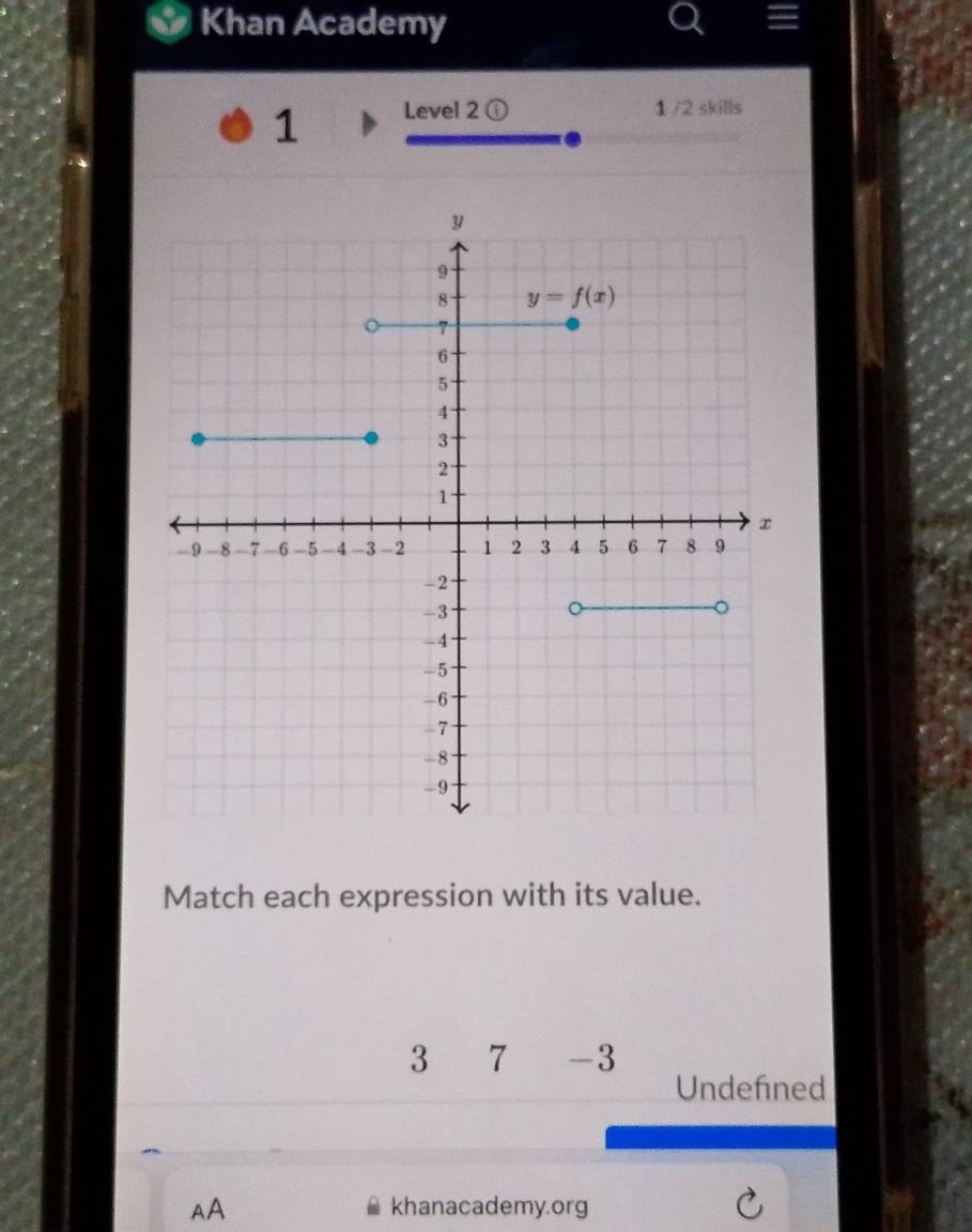 Khan Academy
1 Level 2 1 /2 skills
Match each expression with its value.
3 7 -3
Undefned
AA khanacademy.org