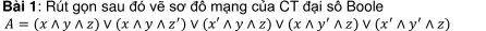 Rút gọn sau đó vẽ sơ đô mạng của CT đại số Boole
A=(xwedge ywedge z)vee (xwedge ywedge z')vee (x'wedge ywedge z)vee (xwedge y'wedge z)vee (x'wedge y'wedge z)