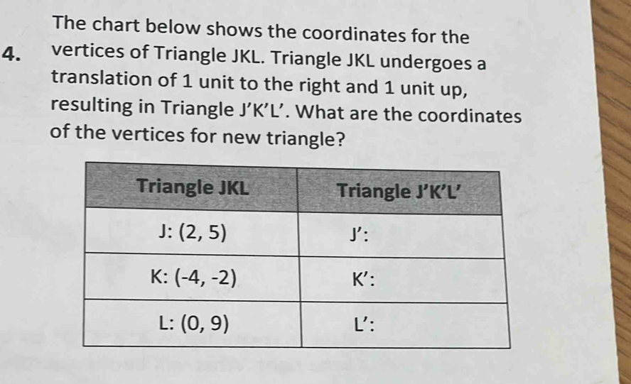 Solved: The chart below shows the coordinates for the 4. vertices of ...