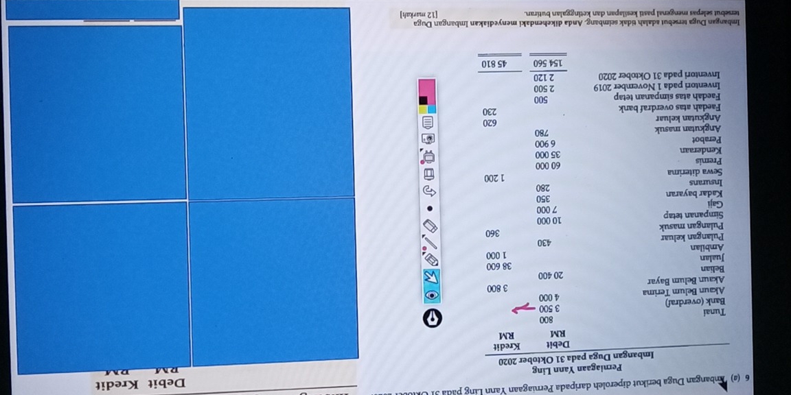 6 (s) Anbangan Duga berikut diperoleh daripada Perniagaan Yann Ling pada 31 C 
Perniagaan Yann Ling Debit Kredit 

Imbangan Duga pada 31 Oktober 2020
Debit Kredit
RM RM
800
Tunai 3 500
Bank (overdraf) 
Akaun Belum Terima 4 000
3 800
Akaun Belum Bayar 20 400
Belian 
Jualan 38 600
Ambilan 1 000
Pulangan keluar 430
Pulangan masuk 360
Simpanan tetap 10 000
Gaji 7 000
Kadar bayaran 350
Insurans 280
1 200
Sewa diterima 
Premis 60 000
Kenderaan 35 000
Perabot 6 900
Angkutan masuk 780
Angkutan keluar 620
Faedah atas overdraf bank 230
Faedah atas simpanan tetap 
Inventori pada 1 November 2019
Inventori pada 31 Oktober 2020 beginarrayr 500 2500 2120 hline 154560 hline endarray 45 810
Imbangan Duga tersebut adalah tidak seimbang. Anda dikehendaki menyediakan Imbangan Duga 
tersebut selepas mengenal pasti kesilapan dan ketinggalan butiran. [12 markah]