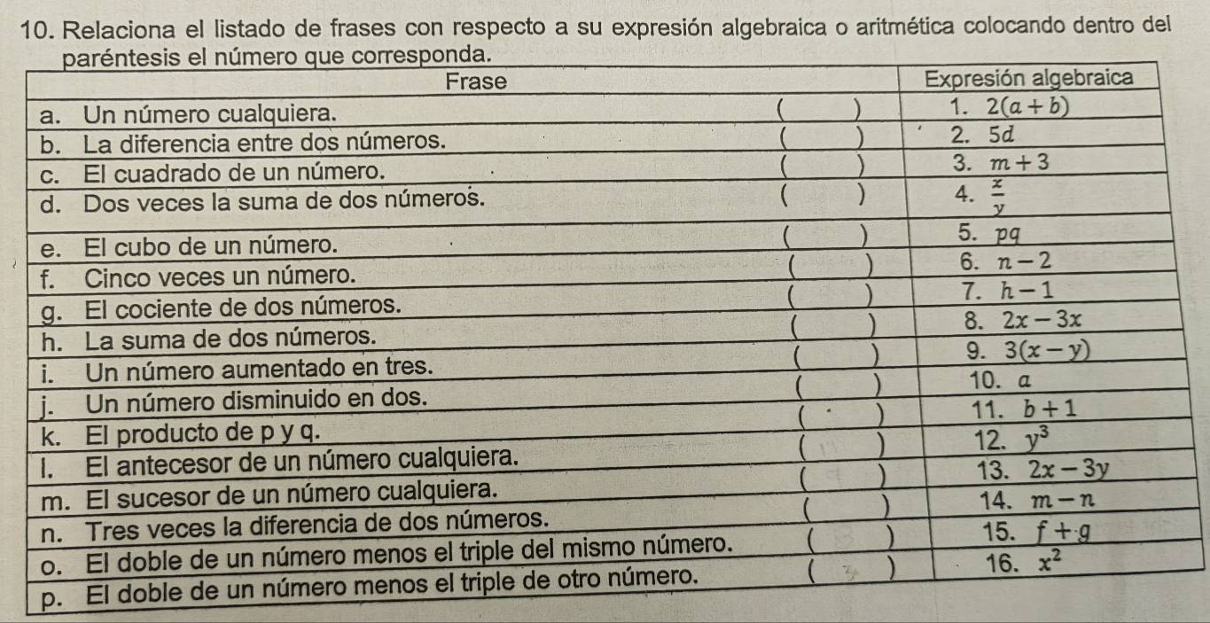 Relaciona el listado de frases con respecto a su expresión algebraica o aritmética colocando dentro del
p. El doble