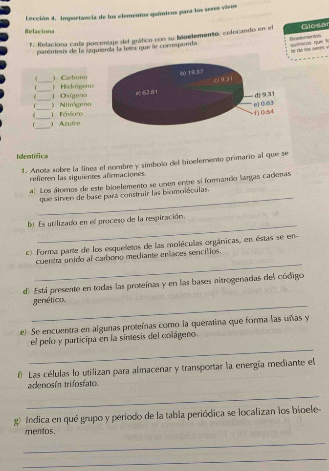 Lección 4. Importancia de los elementos químicos para los seres vivos 
Relaciona 
1. Relaciona cada porcentaje del gráfico con su bioelemento, colocando en el Glosar 
Bioelementos: 
paréntesis de la izquierda la letra que le corresponda. 
químicos que f 
te de los seres v 
( _) Carbono 
_ 
) Hidrógeno 
_ 
( ) Oxígeno 
_ 
( ) Nitrógeno 
_ 
( ) Fósforo 
_ 
 Azufre 
Identifica 
1. Anota sobre la línea el nombre y símbolo del bioelemento primario al que se 
refieren las siguientes afirmaciones. 
a) Los átomos de este bioelemento se unen entre sí formando largas cadenas 
_que sirven de base para construir las biomoléculas. 
_ 
b) Es utilizado en el proceso de la respiración. 
c) Forma parte de los esqueletos de las moléculas orgánicas, en éstas se en- 
_ 
cuentra unido al carbono mediante enlaces sencillos. 
d) Está presente en todas las proteínas y en las bases nitrogenadas del código 
_ 
genético. 
e) Se encuentra en algunas proteínas como la queratina que forma las uñas y 
_ 
el pelo y participa en la síntesis del colágeno. 
f) Las células lo utilizan para almacenar y transportar la energía mediante el 
adenosín trifosfato. 
_ 
g) Indica en qué grupo y periodo de la tabla periódica se localizan los bioele- 
mentos. 
_ 
_