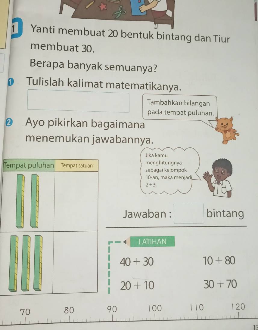 Yaat 20 bentuk bintang dan Tiur 
membuat 30. 
Berapa banyak semuanya? 
Tulislah kalimat matematikanya. 
Tambahkan bilangan 
pada tempat puluhan. 
❷ Ayo pikirkan bagaimana 
menemukan jawabannya. 
Jika kamu 
T menghitungnya 
sebagai kelompok
10 -an, maka menjad
2+3. 
Jawaban : bintang 
LATIHAN
40+30
10+80
20+10
30+70
1