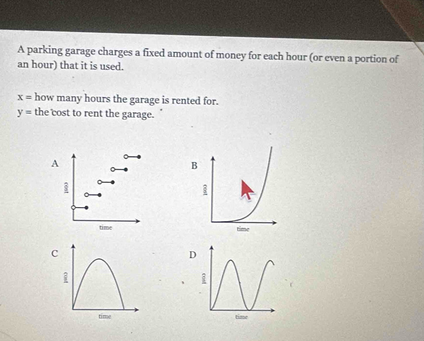 A parking garage charges a fixed amount of money for each hour (or even a portion of
an hour) that it is used.
x= how many hours the garage is rented for.
y= the cost to rent the garage. 
A 
。 
。 
time 
C 
time