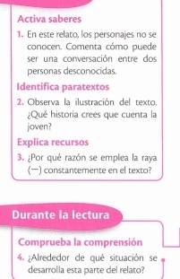 Activa saberes 
1. En este relato, los personajes no se 
conocen. Comenta cómo puede 
ser una conversación entre dos 
personas desconocidas. 
Identifica paratextos 
2. Observa la ilustración del texto. 
¿Qué historia crees que cuenta la 
joven? 
Explica recursos 
3. ¿Por qué razón se emplea la raya 
()constantemente en el texto? 
Durante la lectura 
Comprueba la comprensión 
4. ¿Alrededor de qué situación se 
desarrolla esta parte del relato?