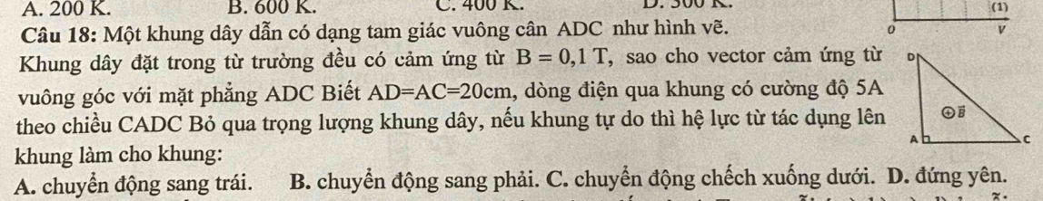 A. 200 K. B. 600 K. C. 400 K. D. 500 R. 
Câu 18: Một khung dây dẫn có dạng tam giác vuông cân ADC như hình vẽ. 
Khung dây đặt trong từ trường đều có cảm ứng từ B=0, 1T , sao cho vector cảm ứng từ 
vuông góc với mặt phẳng ADC Biết AD=AC=20cm , dòng điện qua khung có cường độ 5A
theo chiều CADC Bỏ qua trọng lượng khung dây, nếu khung tự do thì hệ lực từ tác dụng lên
khung làm cho khung:
A. chuyển động sang trái. B. chuyển động sang phải. C. chuyển động chếch xuống dưới. D. đứng yên.