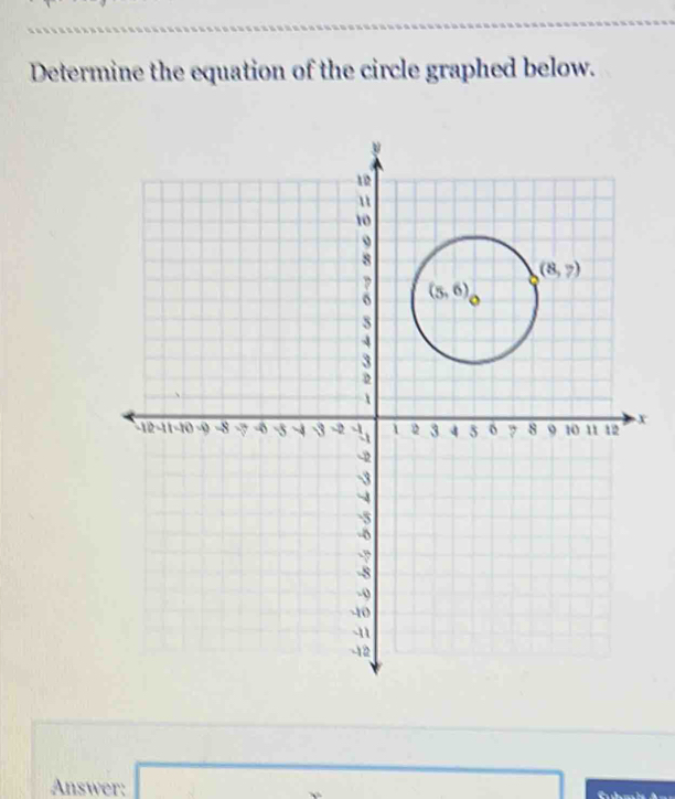 Determine the equation of the circle graphed below.
x
Answer: