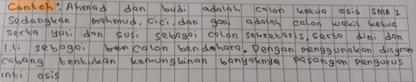 conkor" Abmad dan Myai adalah calon keLya OSis SMA 2 
sedangkan mghmod, cici dan gan) adaigh calon wqkil kelod 
zarga yiu àon àuǒì sebagài cplon seusecaris skcte dini dan 
l:li sebagai beacalon bendahara. Dengon mengg unokeon disgram 
esbang tenkkan kenyngkihah banysknga pasongan pengorus 
inki osis