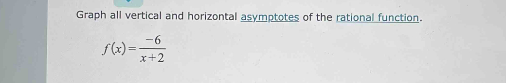 Graph all vertical and horizontal asymptotes of the rational function.
f(x)= (-6)/x+2 