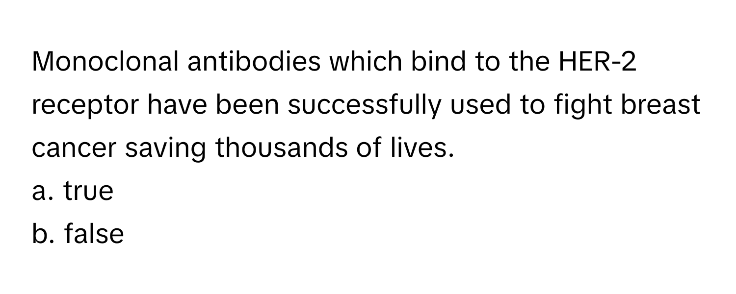 Monoclonal antibodies which bind to the HER-2 receptor have been successfully used to fight breast cancer saving thousands of lives.

a. true
b. false