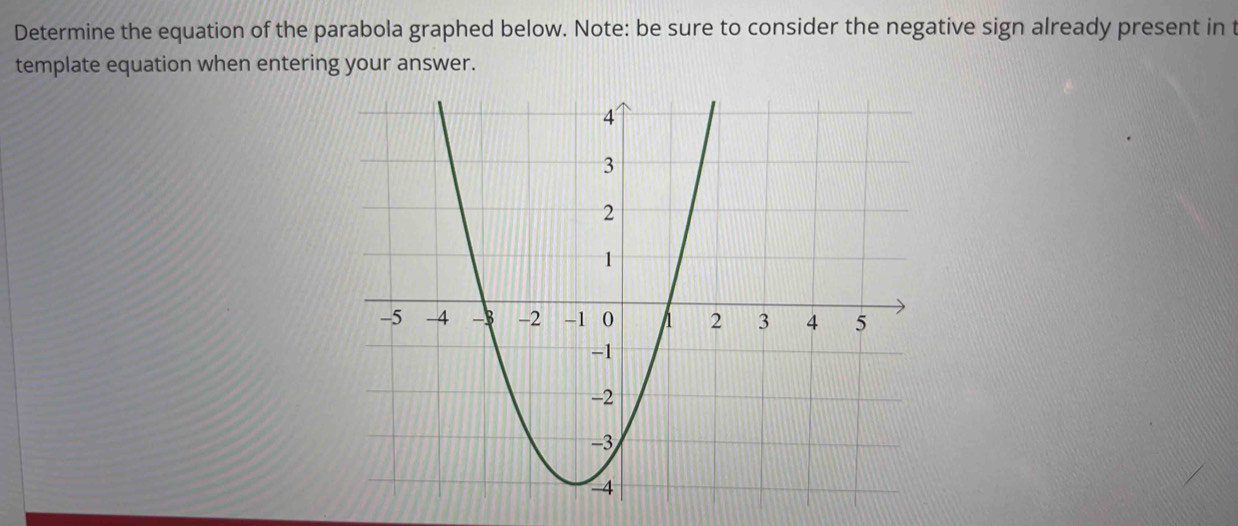 Determine the equation of the parabola graphed below. Note: be sure to consider the negative sign already present in t 
template equation when entering your answer.