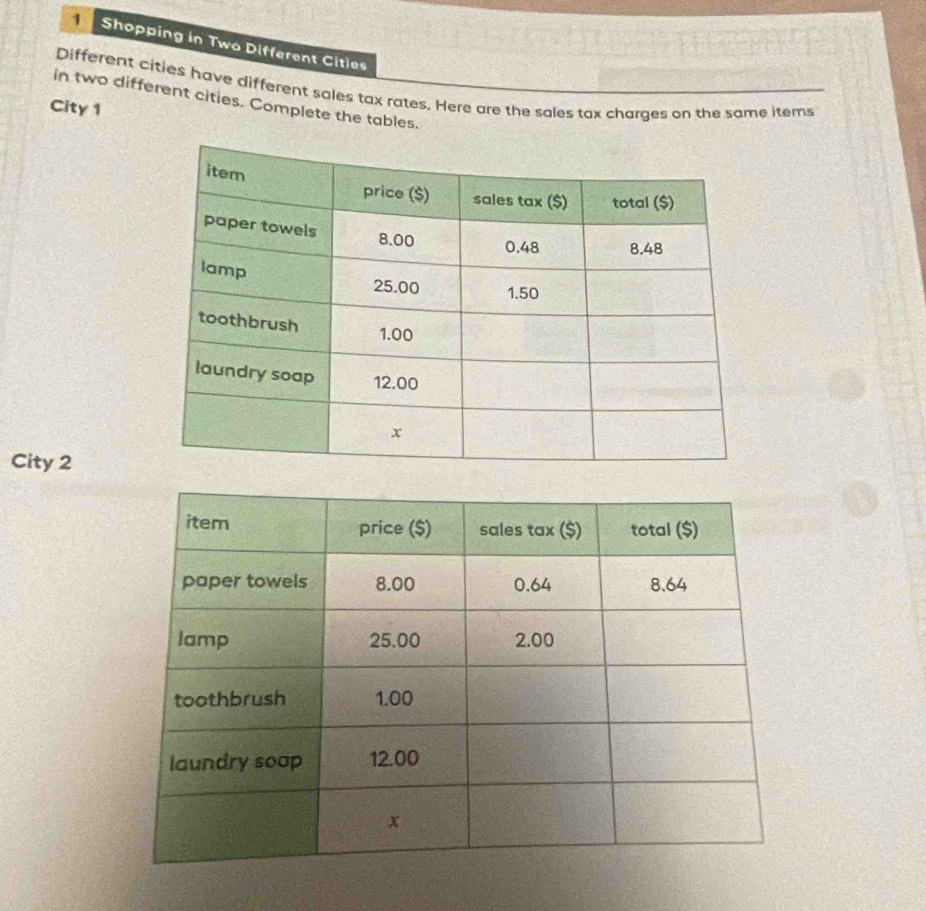 Shopping in Two Different Cities 
Different cities have different sales tax rates. Here are the sales tax charges on the same items 
in two different cities. Complete the tables. 
City 1 
City 2