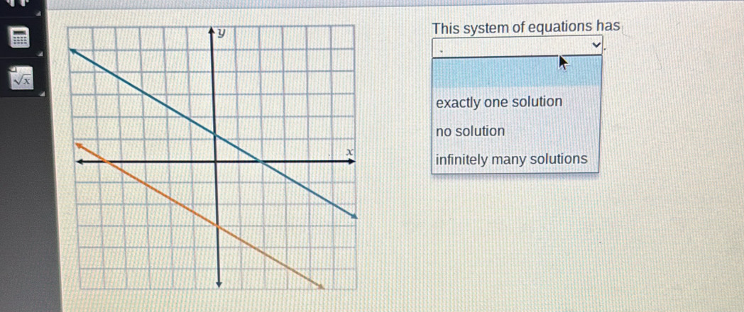 This system of equations has
sqrt(x)
exactly one solution
no solution
infinitely many solutions