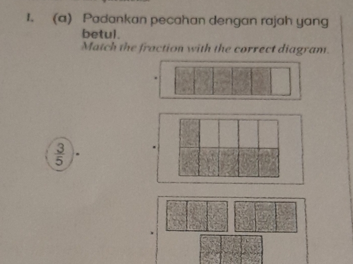 Padankan pecahan dengan rajah yang 
betul. 
Match the fraction with the correct diagram.
 3/5 