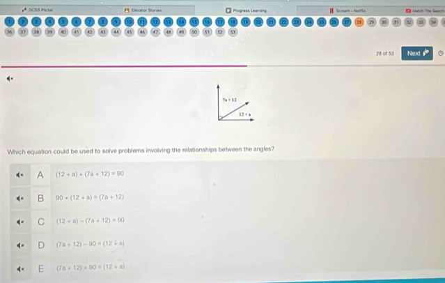 e° DCSS Portal Elevator Stories Progress Learning Scrnam - Netflia = Match The laerch
a 4 6 7 9 10 11 12 13 14 15 16 17 'e 19 21 30 31
36 37 38 39 40 41 42 43 44 45 46 47 48 49 50 51 52 53
28 of 53 Next
7x+12
12+
Which equation could be used to solve problems involving the relationships between the angles?
A (12+a)+(7a+12)=90
90+(12+a)=(7a+12)
C (12+a)-(7a+12)=90
(7a+12)-90=(12+a)
(7a+12)+90=(12+a)