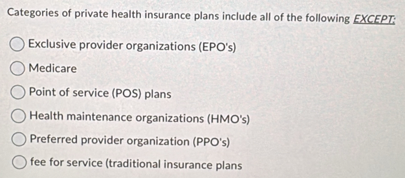 Categories of private health insurance plans include all of the following EXCEPT:
Exclusive provider organizations (EPO's)
Medicare
Point of service (POS) plans
Health maintenance organizations (HMO's)
Preferred provider organization (PPO's)
fee for service (traditional insurance plans