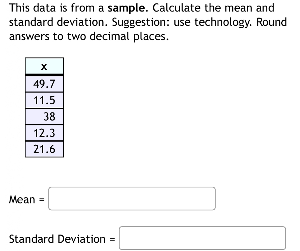 This data is from a sample. Calculate the mean and 
standard deviation. Suggestion: use technology. Round 
answers to two decimal places.
Mean=□
Standard Deviation =□