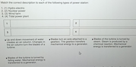 Match the correct description to each of the following types of power station: 
2. (2) Nuclear power 1. (1) Hydro-electric 
4. (4) Tidal power plant 3. (3) Wind farm 
1 
2 
3 
4 
Up and down moverent of water Bliades turn an axie attached to a Blades of the turbine is turned by 
steam. Steam is produced by a 
creates an air column. Changes in gearbox. The gearbox transfers chemical reaction. Mechanical 
the air column turn the blades of a mechanical energy to a generator. energy is transferred to a generator. 
turbine. 
Blades of the turbine is turned by 
transferred to a generator. falling water. Mechanical energy is