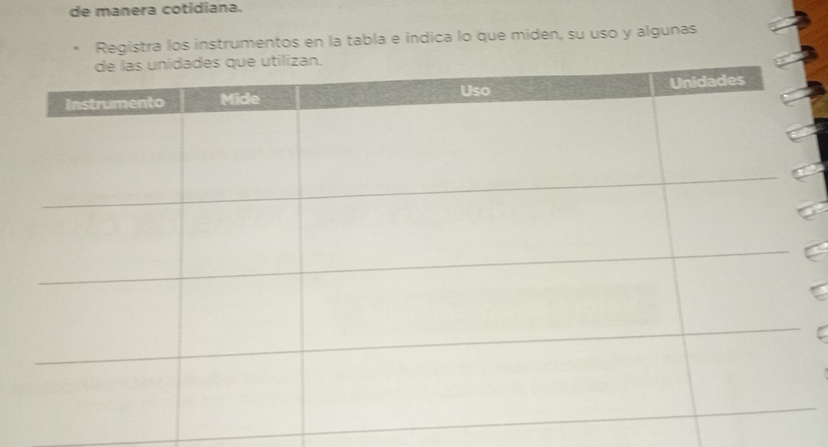 de manera cotidiana. 
Registra los instrumentos en la tabla e indica lo que miden, su uso y algunas